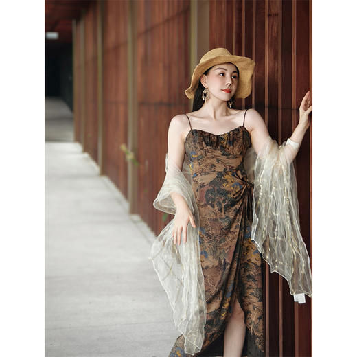 【柔见】COCOBELLA轻奢新国风缎面印花吊带裙度假风系带连衣裙FR0012 商品图1