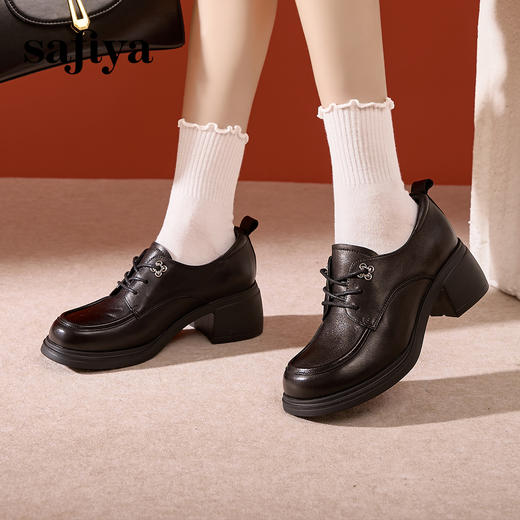 Safiya/索菲娅2024秋英伦风真皮粗跟百搭厚底系带深口通勤小皮鞋 SF43112127/SFD3112M27 商品图3