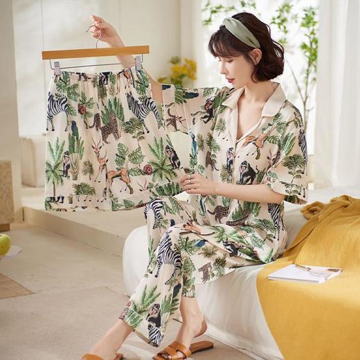 【夏日丛林派对冰丝睡衣】夏季新款冰丝短袖开衫三件套装春秋薄款家居服H242272058 商品图3