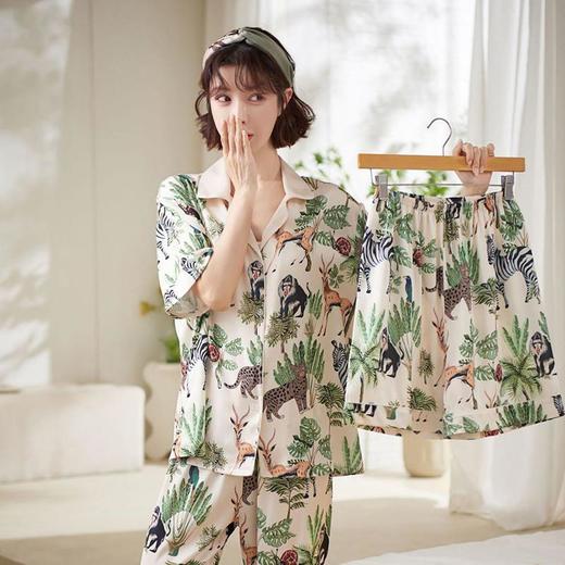 【夏日丛林派对冰丝睡衣】夏季新款冰丝短袖开衫三件套装春秋薄款家居服H242272058 商品图5