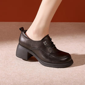 Safiya/索菲娅2024秋英伦风真皮粗跟百搭厚底系带深口通勤小皮鞋 SF43112127/SFD3112M27