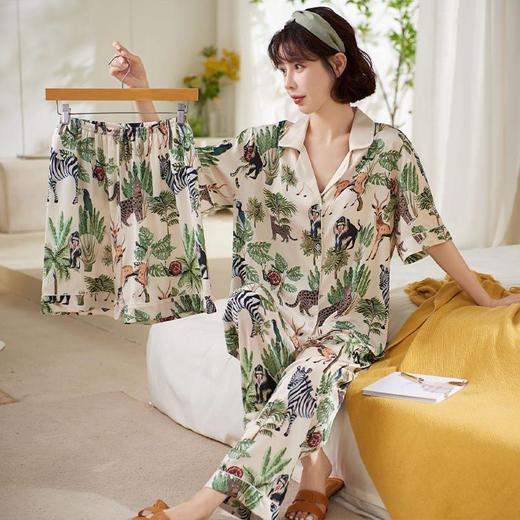 【夏日丛林派对冰丝睡衣】夏季新款冰丝短袖开衫三件套装春秋薄款家居服H242272058 商品图2