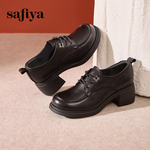 Safiya/索菲娅2024秋英伦风真皮粗跟百搭厚底系带深口通勤小皮鞋 SF43112127/SFD3112M27 商品图6