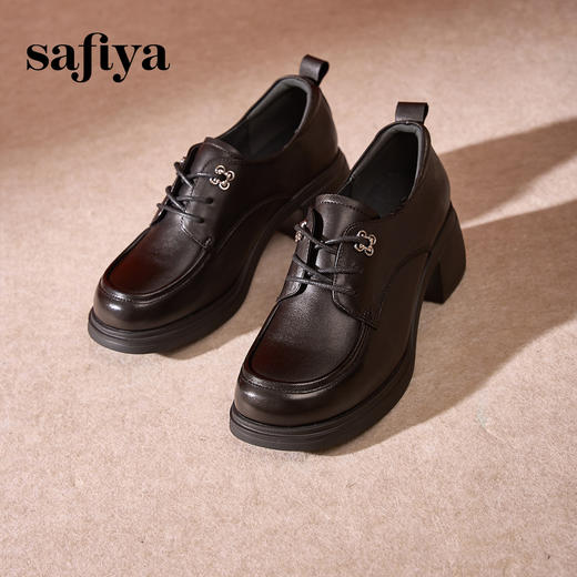 Safiya/索菲娅2024秋英伦风真皮粗跟百搭厚底系带深口通勤小皮鞋 SF43112127/SFD3112M27 商品图5