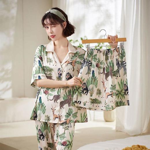 【夏日丛林派对冰丝睡衣】夏季新款冰丝短袖开衫三件套装春秋薄款家居服H242272058 商品图0