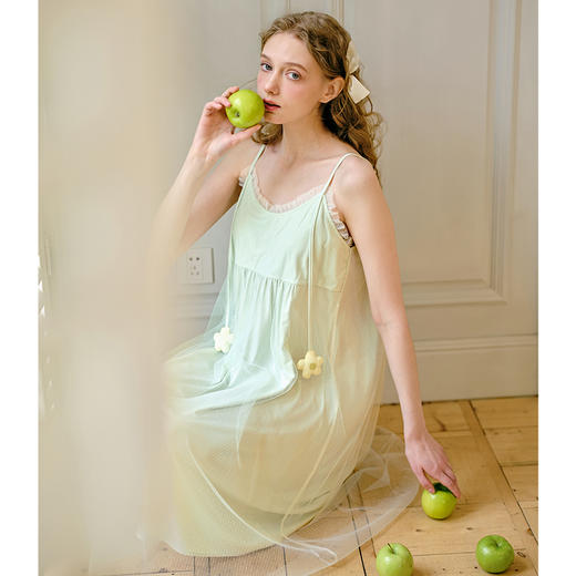 芬腾吊带睡裙女士夏季薄款透气新款睡衣裙蕾丝网纱宽松家居服中裙 商品图0