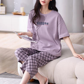 芬腾薄款纯棉七分裤女睡衣夏女款舒适圆领短袖大码全棉家居服套装
