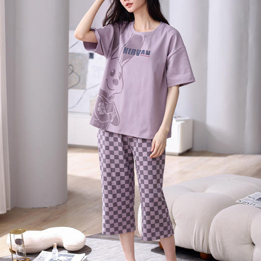 芬腾薄款纯棉七分裤女睡衣夏女款舒适圆领短袖大码全棉家居服套装 商品图4