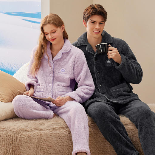 芬腾情侣睡衣珊瑚绒秋冬加绒加厚女士套装法兰绒休闲保暖家居服男 商品图0