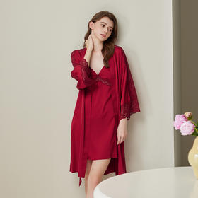 芬腾晨袍睡衣女士冰丝夏季薄款性感睡袍大红色本命年两件套家居服