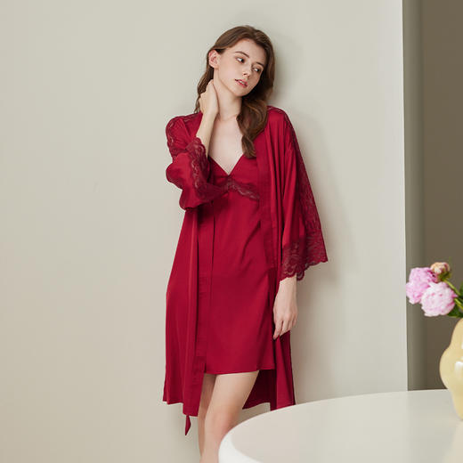 芬腾晨袍睡衣女士冰丝夏季薄款性感睡袍大红色本命年两件套家居服 商品图0