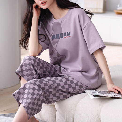 芬腾薄款纯棉七分裤女睡衣夏女款舒适圆领短袖大码全棉家居服套装 商品图2