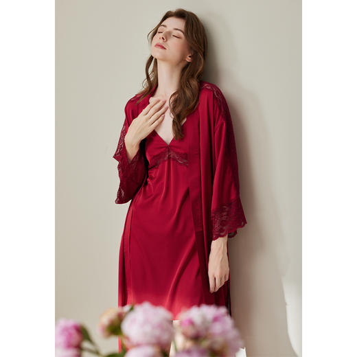 芬腾晨袍睡衣女士冰丝夏季薄款性感睡袍大红色本命年两件套家居服 商品图3