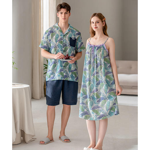 芬腾短袖情侣睡衣女士吊带睡裙夏季薄款套装男休闲透气大码家居服 商品图4