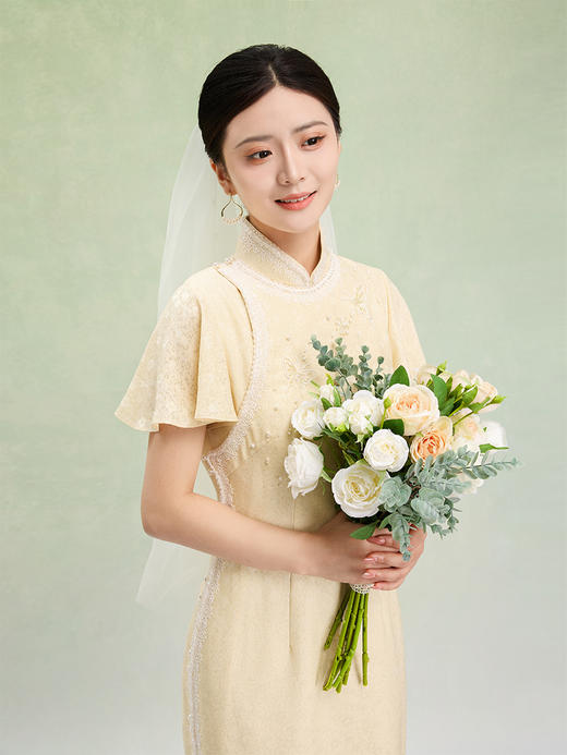 荷言HEYEN 荷风送香 金丝繁花真丝非遗花罗珠绣新娘旗袍高级定制 商品图0