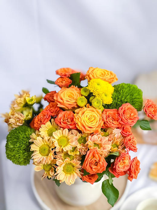 【暮色回响】辉煌玫瑰3支+橙色三文鱼小雏菊3支+黄色小雏菊1支+橙色芭比多头玫瑰2支+绿毛球2支/份（静静设计） 商品图8