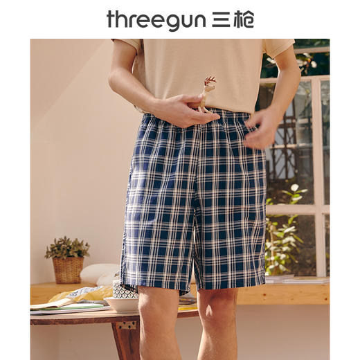 Threegun三枪 纯棉彩格男短裤机织布沙滩裤-50129B111 商品图0