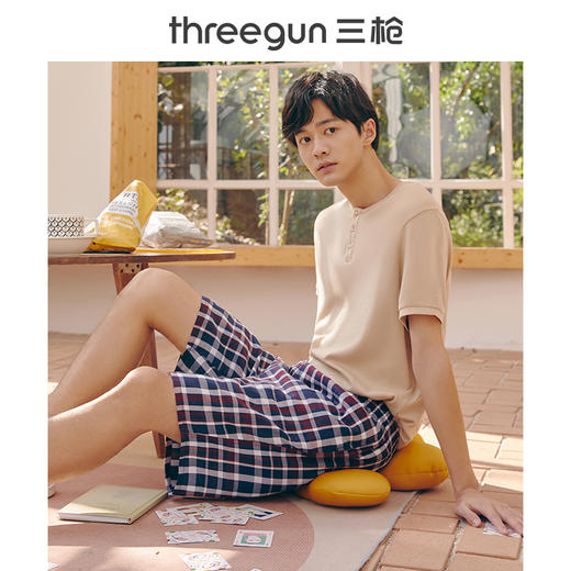 Threegun三枪 纯棉彩格男短裤机织布沙滩裤-50129B111 商品图7
