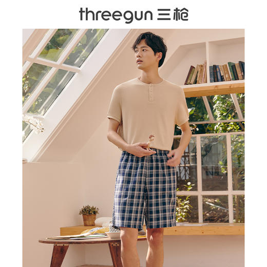 Threegun三枪 纯棉彩格男短裤机织布沙滩裤-50129B111 商品图3