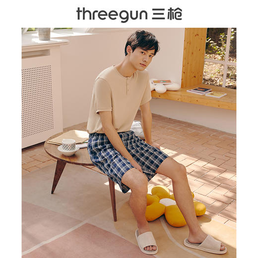 Threegun三枪 纯棉彩格男短裤机织布沙滩裤-50129B111 商品图6