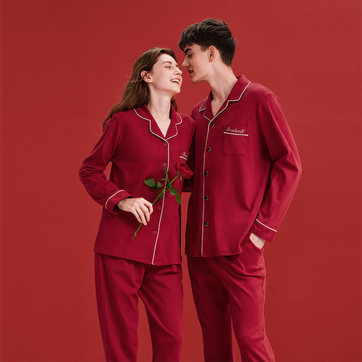 芬腾红色睡衣女春秋款结婚新婚情侣纯棉家居服男士本命年一男一女 商品图2