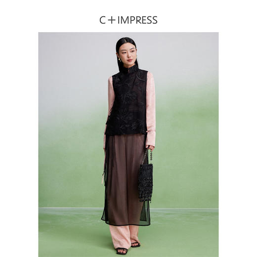 西嘉新中式醋酸网纱高腰气质拼接直筒叠穿半裙 商品图3