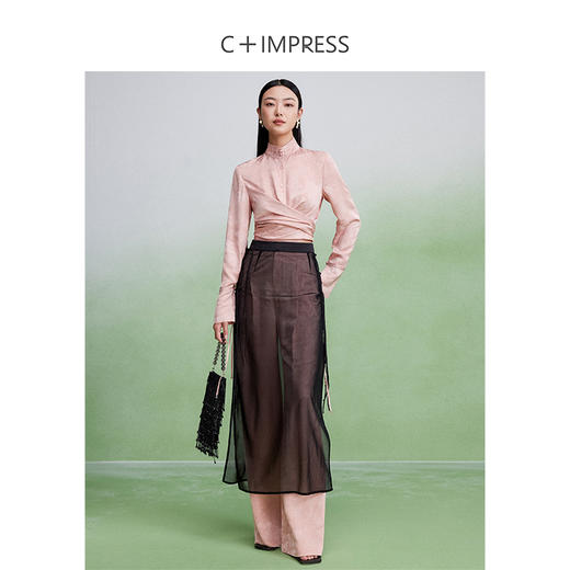 西嘉新中式醋酸网纱高腰气质拼接直筒叠穿半裙 商品图2