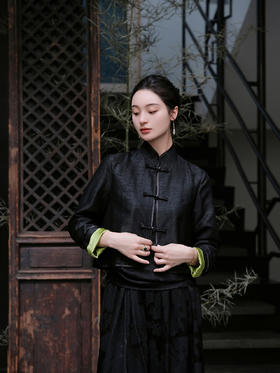 瑕疵|盛唐牡丹 |香云纱配翠绿色真丝外套[特价品]