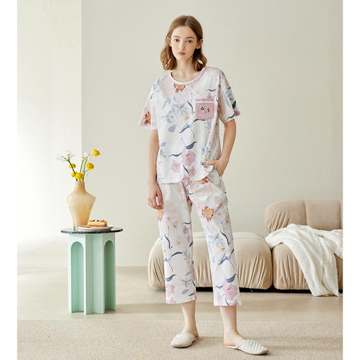 芬腾舒适女夏短袖九分裤圆领韩版薄款宽松休闲全棉大码春夏套装 商品图4