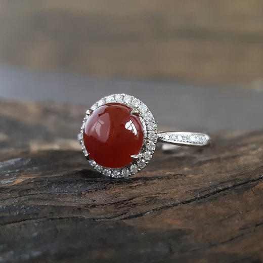 【天然正品】AU750精品白金镶钻镶冰种蛋面红翡翡翠（吉祥、圆满）19号戒指160724NJM09 商品图2