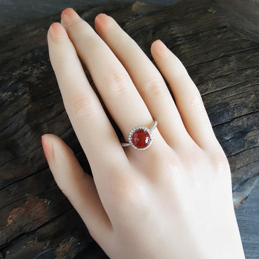 【天然正品】AU750精品白金镶钻镶冰种蛋面红翡翡翠（吉祥、圆满）19号戒指160724NJM09 商品图5