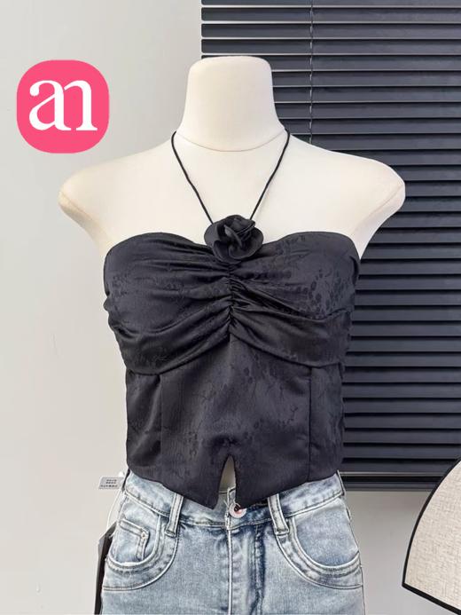 【特价29】性感辣妹玫瑰花挂脖系带吊带 纯欲风提花压褶抹胸上衣夏季  15194039 商品图4