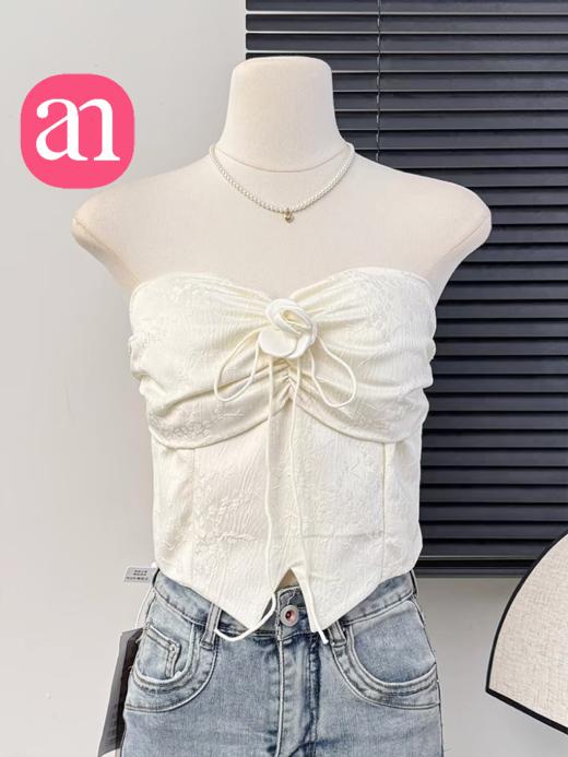 【特价29】性感辣妹玫瑰花挂脖系带吊带 纯欲风提花压褶抹胸上衣夏季  15194039 商品图2