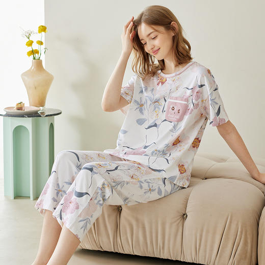 芬腾舒适女夏短袖九分裤圆领韩版薄款宽松休闲全棉大码春夏套装 商品图0
