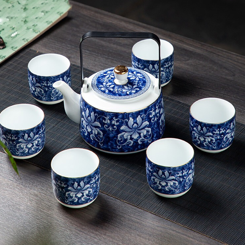 成艺锦上添花 釉下青花瓷景德镇陶瓷茶具套装整套家用提梁壶茶壶茶杯锦上添花古道壶7入