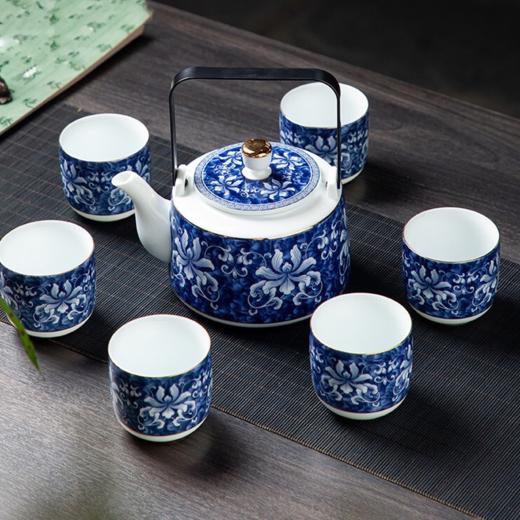 成艺锦上添花 釉下青花瓷景德镇陶瓷茶具套装整套家用提梁壶茶壶茶杯锦上添花古道壶7入 商品图0