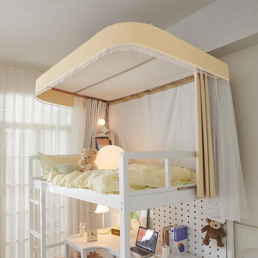 自然醒双导轨强遮光非涂层静电植绒环保透气床帘款学生蚊帐奶油风上铺床帘大学生寝室下铺遮挡窗帘蚊帐HH 商品图3