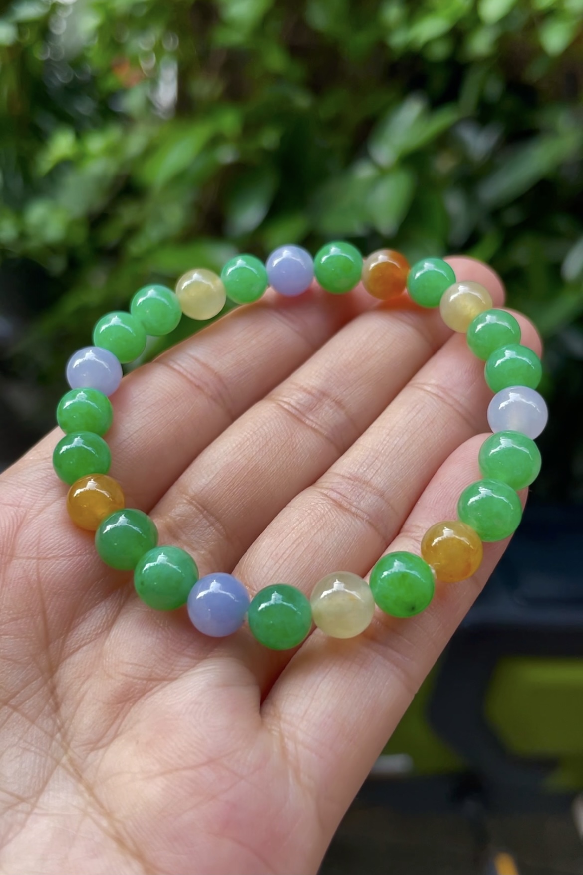 547130 翡翠高冰多彩珠珠手串 饱满,通透水润,玉质细腻,翠色鲜艳 尺寸