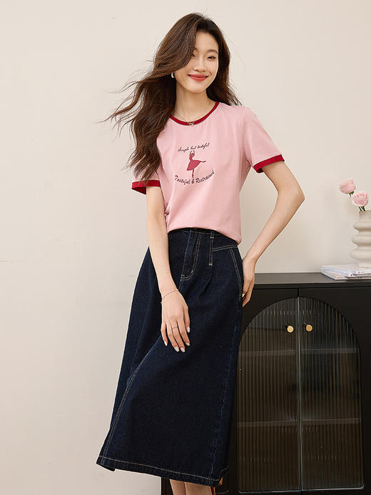 【专属特价】熙世界芭蕾舞女孩剪影印花t恤夏款撞色圆领休闲短袖上衣 商品图2