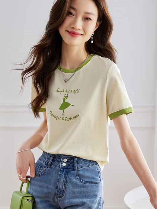 【专属特价】熙世界芭蕾舞女孩剪影印花t恤夏款撞色圆领休闲短袖上衣 商品图1