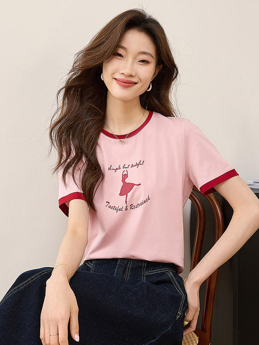 【专属特价】熙世界芭蕾舞女孩剪影印花t恤夏款撞色圆领休闲短袖上衣 商品图5