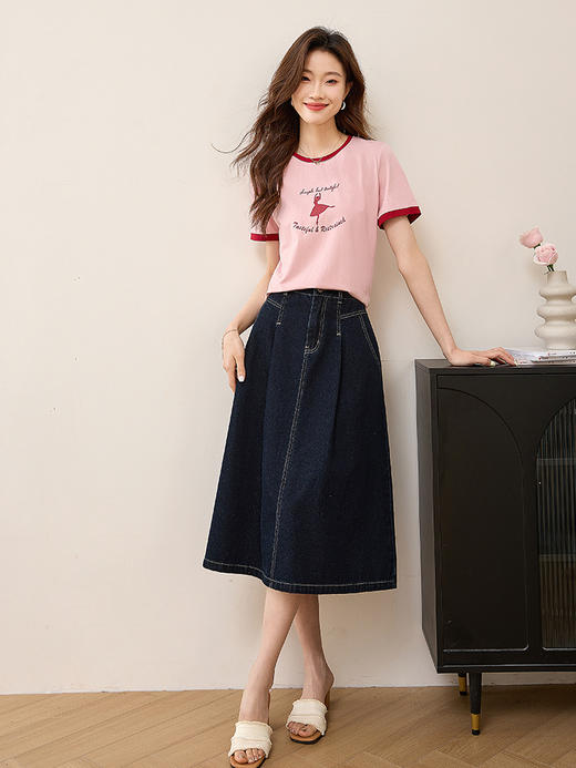 【专属特价】熙世界芭蕾舞女孩剪影印花t恤夏款撞色圆领休闲短袖上衣 商品图4