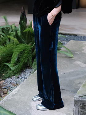 瑕疵|盛唐婧 |新中式丝绒微喇裤深蓝[特价品](特殊商品不退不换)