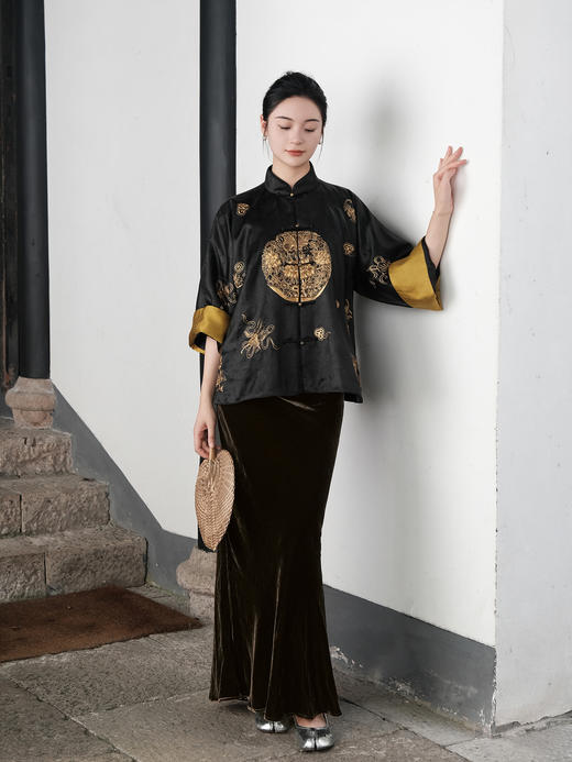 盛唐婧 |新中式丝绒鱼尾半裙-咖色 商品图1