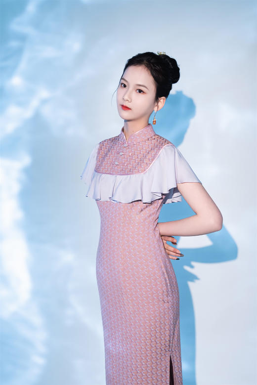 荷言 GL 早梅 丁香浅橙雪纺荷叶袖旗袍 商品图1