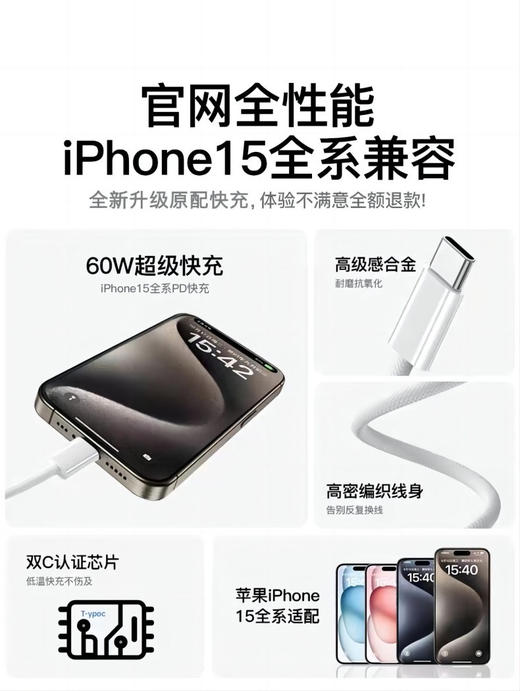 60W双C适用苹果15 尊贵黑色 数据线Type-C手机编织pd快充线华为充电线/盒 商品图1