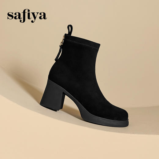 Safiya/索菲娅2024冬 英伦风方头小众粗跟设计感瘦瘦弹力时尚短靴 SF44116093/SFD4116093 商品图8