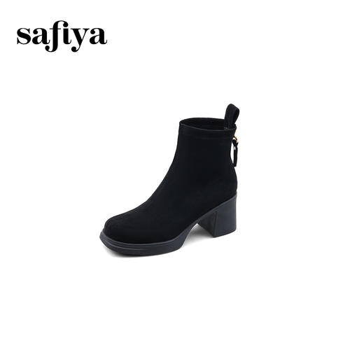 Safiya/索菲娅2024冬 英伦风方头小众粗跟设计感瘦瘦弹力时尚短靴 SF44116093/SFD4116093 商品图9