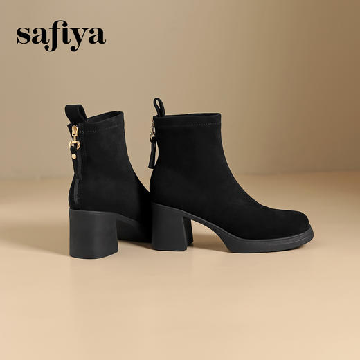 Safiya/索菲娅2024冬 英伦风方头小众粗跟设计感瘦瘦弹力时尚短靴 SF44116093/SFD4116093 商品图6