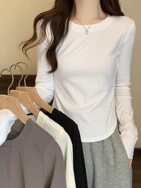 【自营】~王炸爆款 长袖款-韩系纯欲风弧形下摆设计感T恤上衣01602-喜出